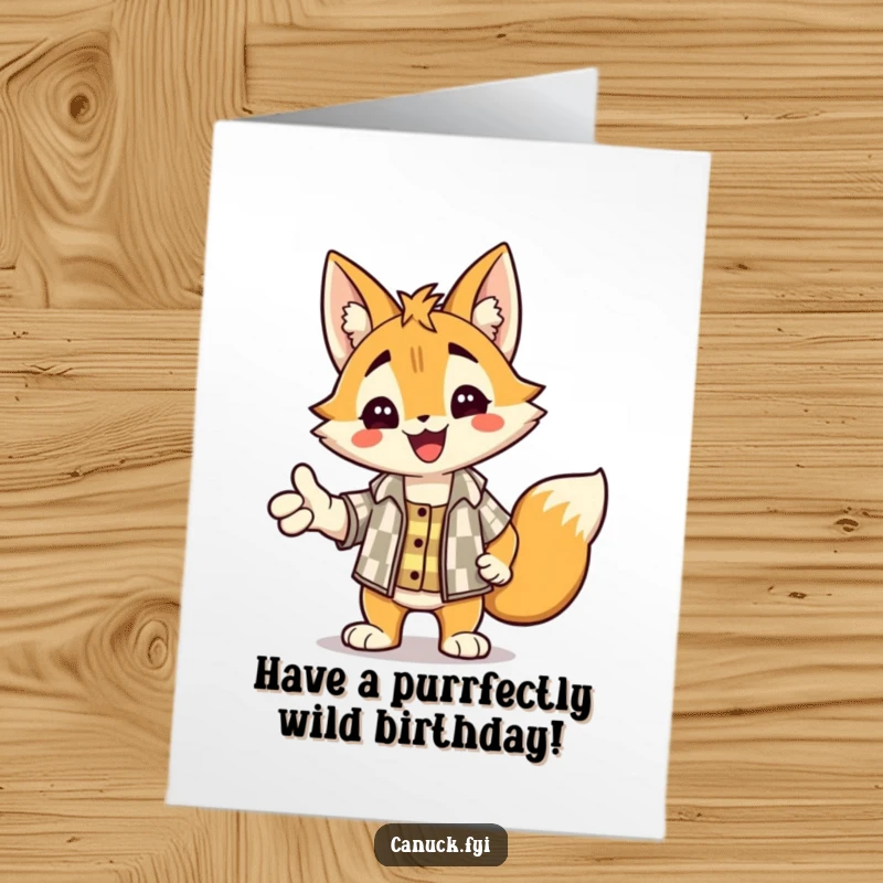 Funny Free Printable Birthday Card: A delighted lynx in a checkered shirt extending a friendly handshake.