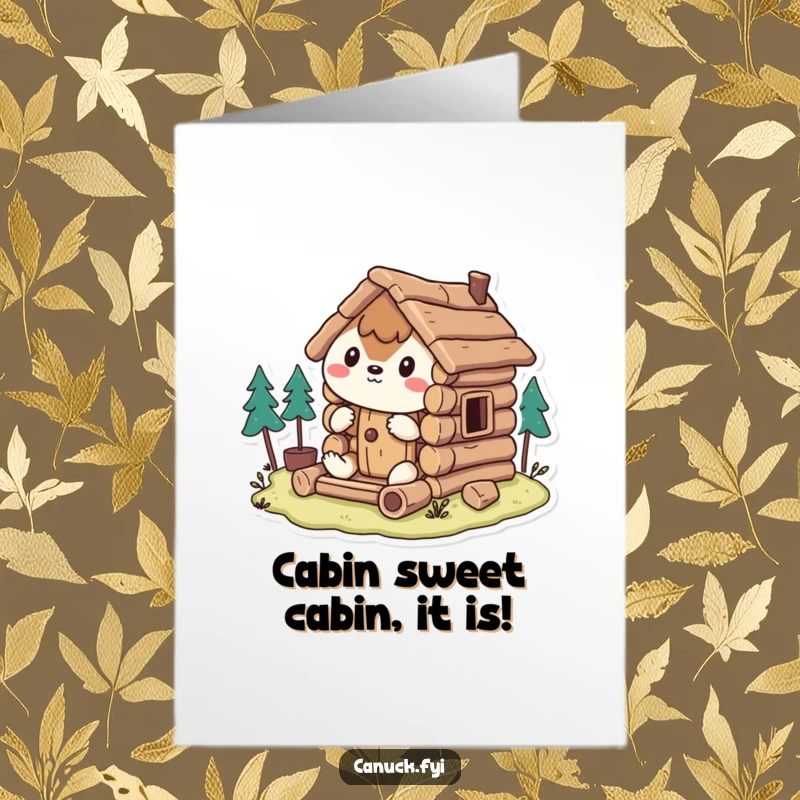 Funny Free Printable Birthday Card: Stylized animal struggles comically building a tiny log cabin, a perfect DIY gift.