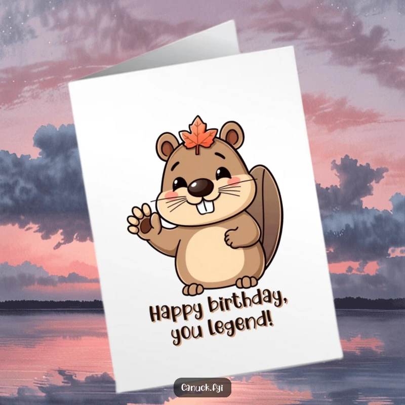 Funny free printable birthday card of a happy beaver wearing a small maple leaf as a hat and waving energetically.