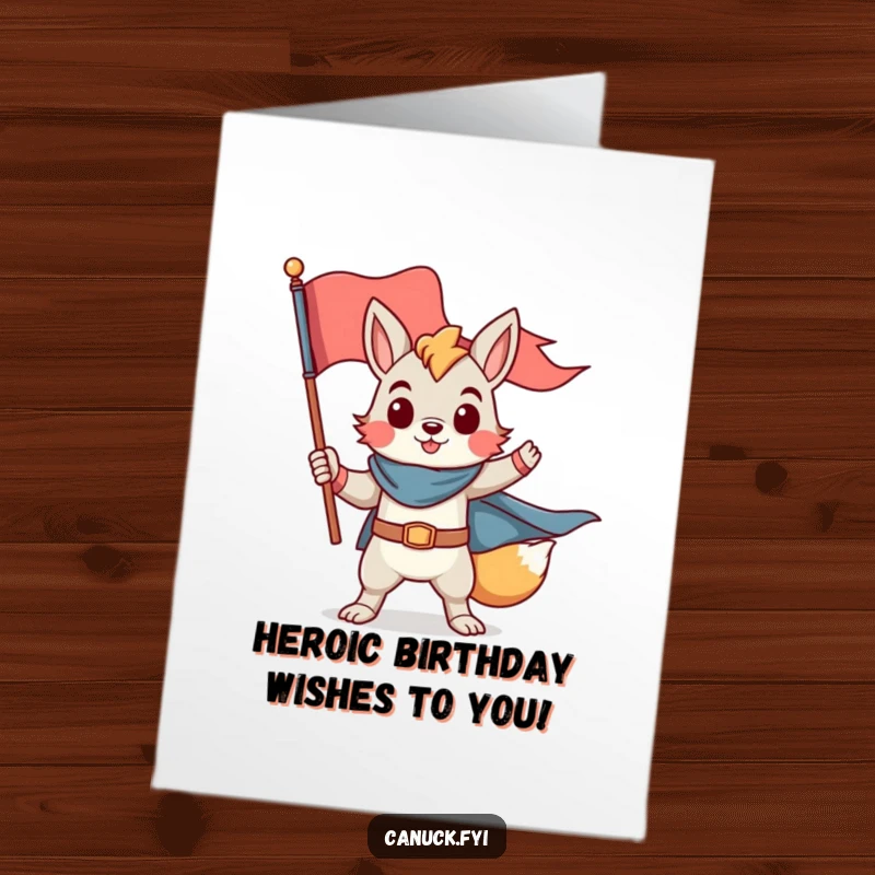 Funny Free Printable birthday card featuring a proud animal character heroically posing with a flag, ready for celebration.