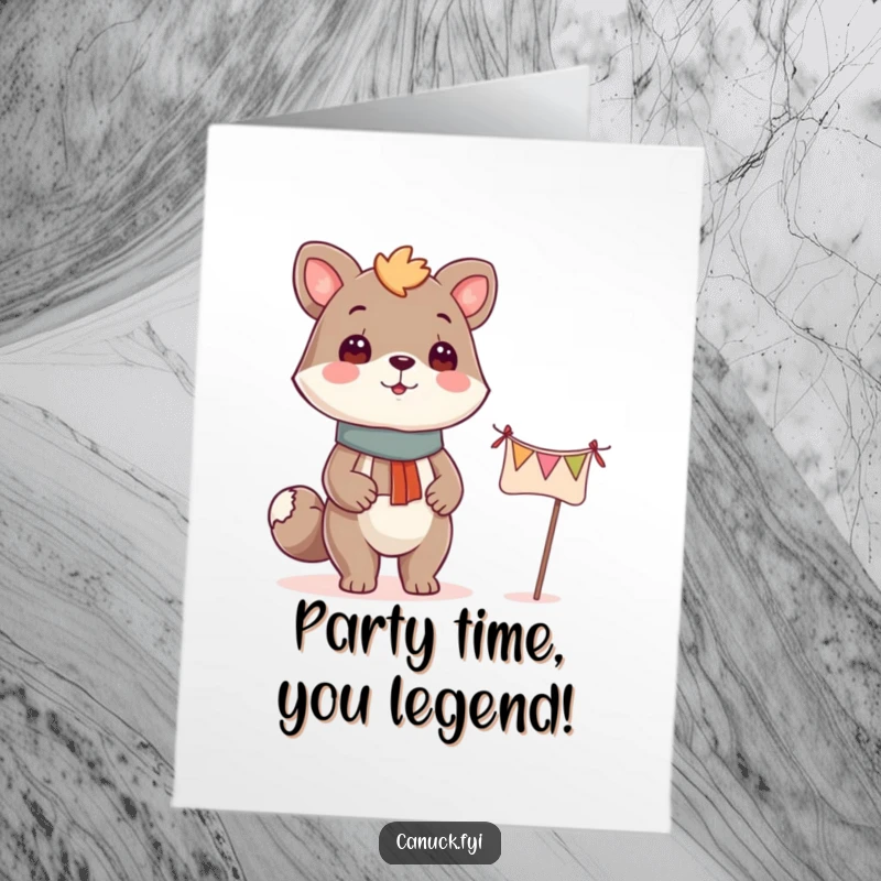 Funny Free Printable Birthday Card: Proud animal character standing next to a tiny, festive banner, celebrating success.