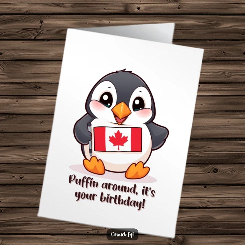 Funny Free Printable Birthday Card: Playful puffin with bright eyes celebrating with a tiny Canadian flag, ready for a laugh.