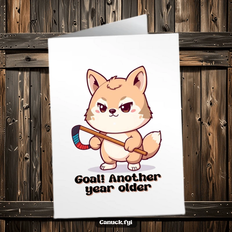 Funny Free Printable birthday card featuring a cute animal with a determined face and a tiny hockey stick, ready to play.