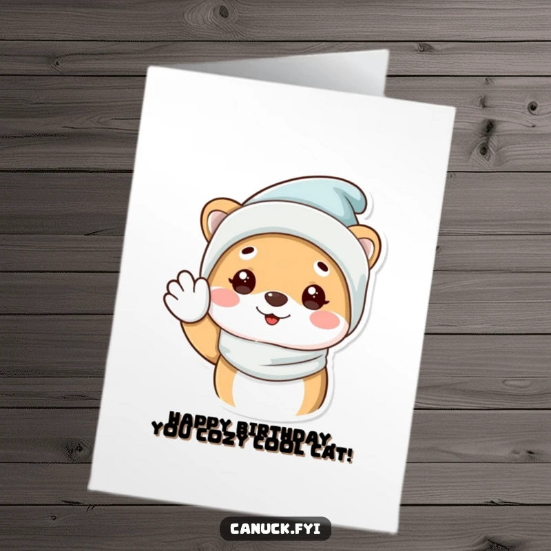 Funny free printable birthday card of an animal in a cozy winter hat giving a happy wave, spreading chilly cheer and birthday wishes.