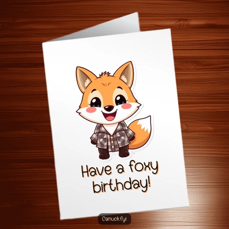 Funny Free Printable Birthday Card: A playful fox in a lumberjack shirt grins widely, ready for birthday adventures.