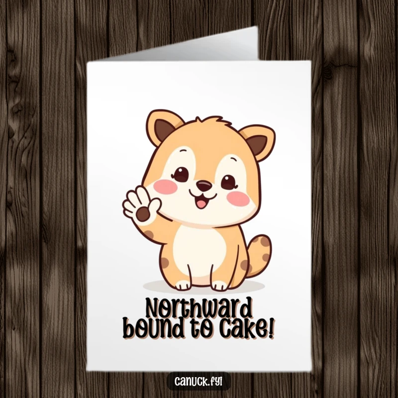 Funny Free Printable Birthday Card featuring a cheerful animal waving enthusiastically, pointing the way to celebration.