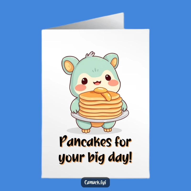 Free Printable Funny Birthday Card: Smiling Creature with Pancakes, Downloadable DIY Gift
