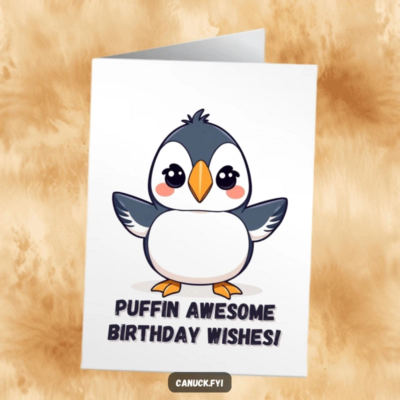 Funny Free Printable Birthday Card: A proud puffin wearing a small toque giving a playful wink.