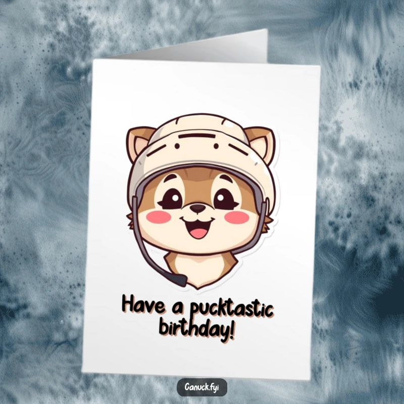 Funny Free Printable Birthday Card: Animal in hockey helmet smiling broadly, celebrating a birthday with sporty enthusiasm. Downloadable DIY gift.