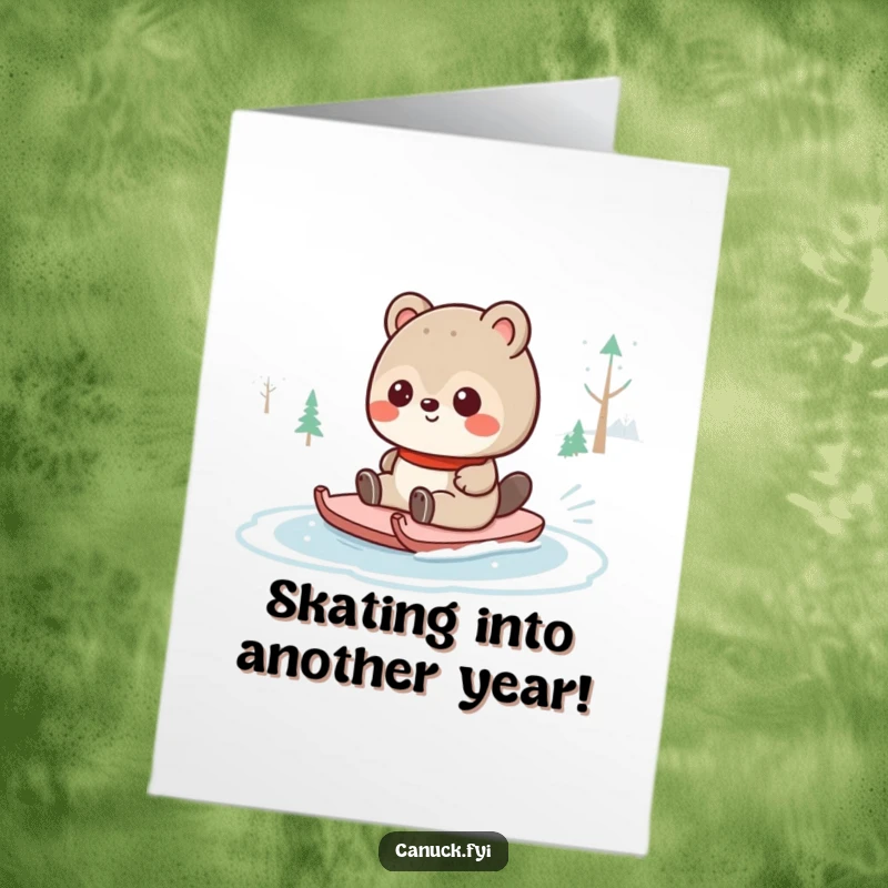 Funny Free Printable Birthday Card: Canadian beaver gleefully sliding on an icy pond with a wide, joyful grin.