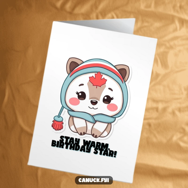 Funny Free Printable Birthday Card: Adorable Canadian animal in a toque, looking warm and content, perfect for a cozy birthday.