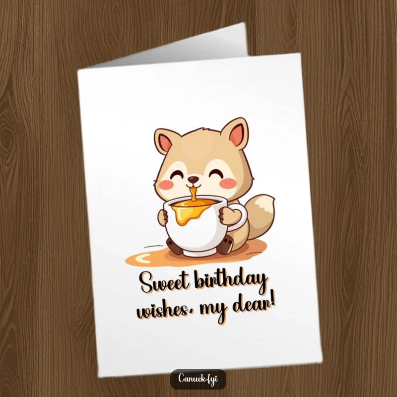 Funny Free Printable Birthday Card: A charming stylized animal offers a warm cup of steaming maple syrup, wishing you a sweet birthday.