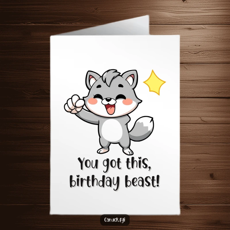 Funny Free Printable Birthday Card: Energetic animal enthusiastically pumps fist, celebrating a victory with dynamic, triumphant spirit.