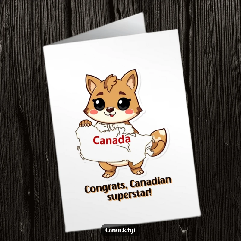Free Printable Congratulations Card: A confident animal poses with a map of Canada, celebrating your spectacular success.