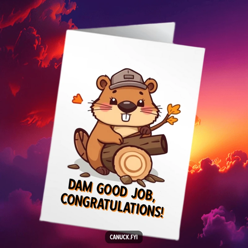 Funny Free Printable Congrats Card: Cute beaver in a lumberjack hat, enthusiastically chopping a stylized maple log to celebrate victory.