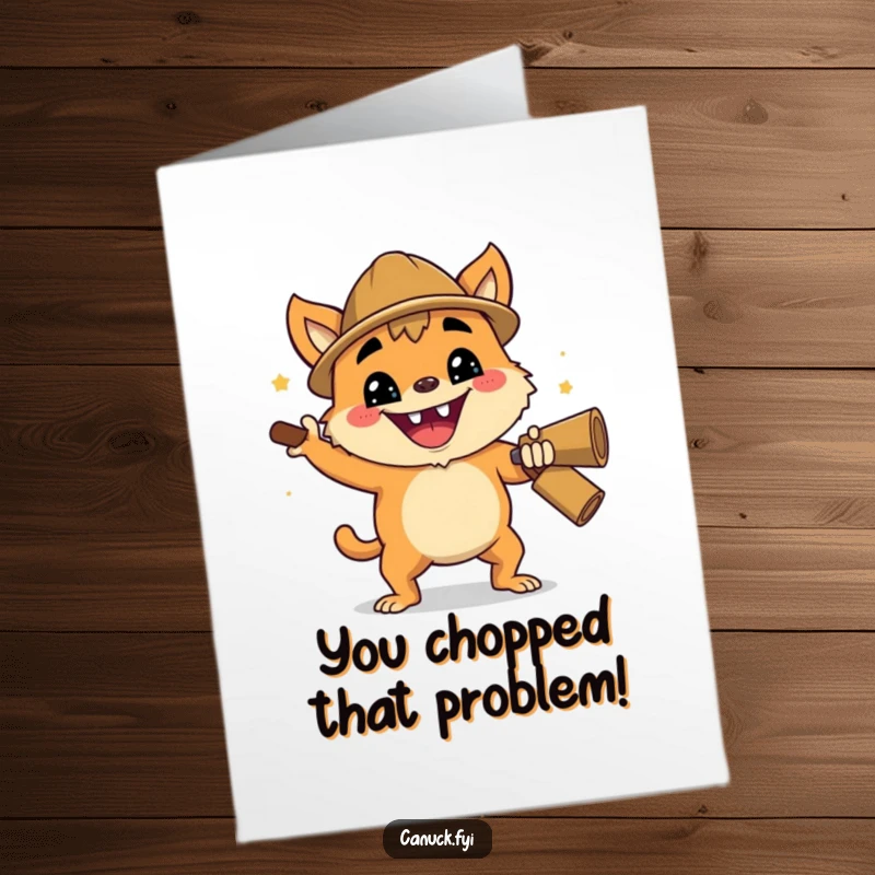 Funny Free Printable Congrats Card: Creature with enthusiastic grin performing a cheerful lumberjack chop, symbolizing success and hard work. Downloadable.