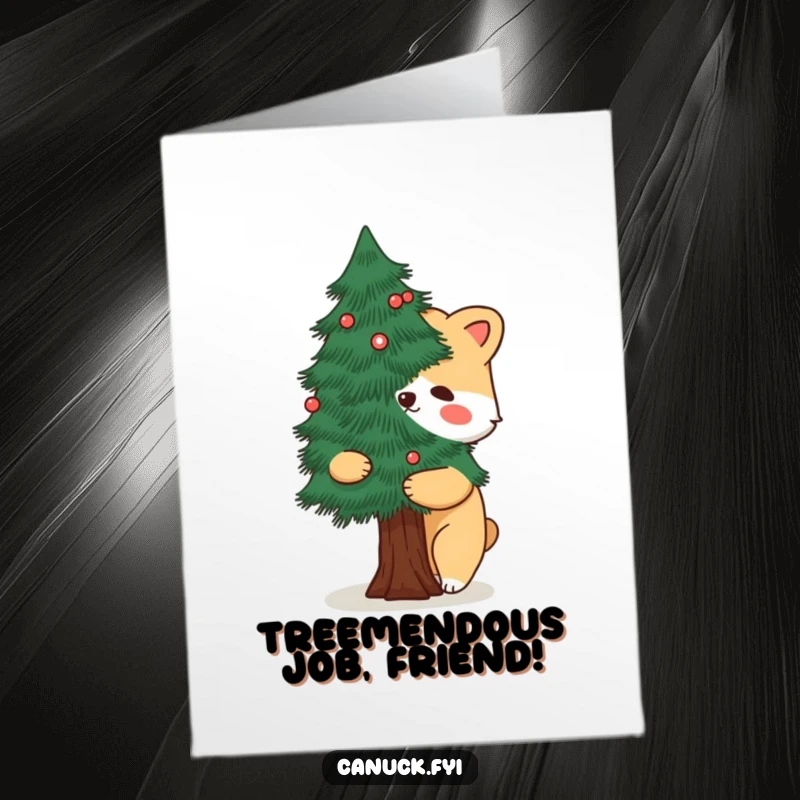 Funny Free Printable Congratulations Card depicting a cartoon animal hugging a pine tree, symbolizing growth and achievement.