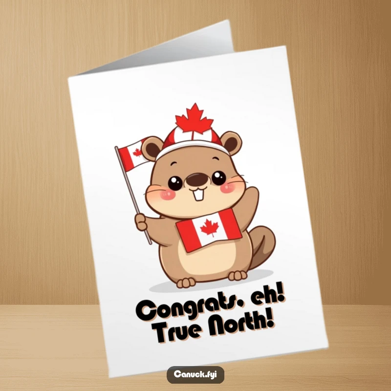 Funny Free Printable Congrats Card: Cute beaver proudly waves Canadian flag, perfect for celebrating wins.