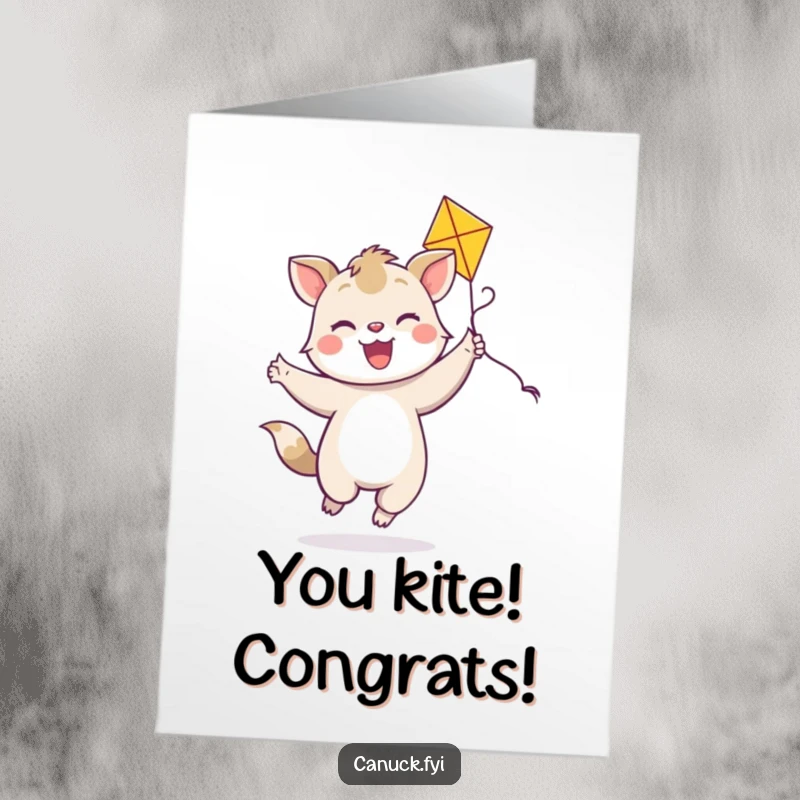 Funny Free Printable Congrats Card: A joyful animal with a bright smile dances happily with a colorful kite, a cheerful downloadable gift.