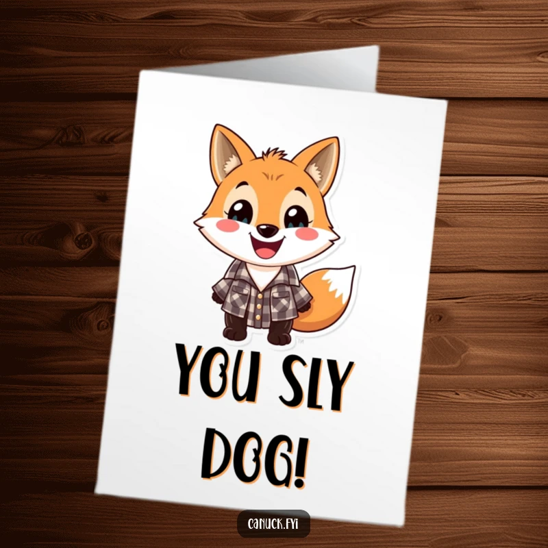Funny Free Printable Congrats Card: A playful fox wearing a checkered lumberjack shirt grins, celebrating a successful achievement.