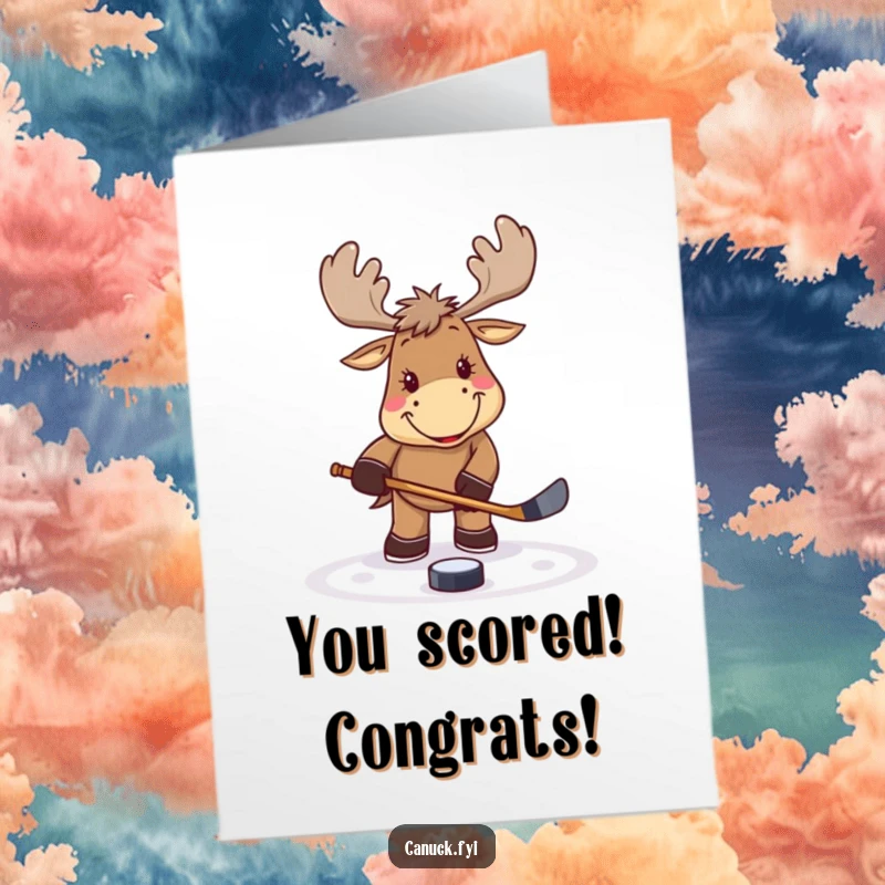 Funny Free Printable Congrats Card: Smiling moose with hockey stick taps puck, celebrating success victoriously.