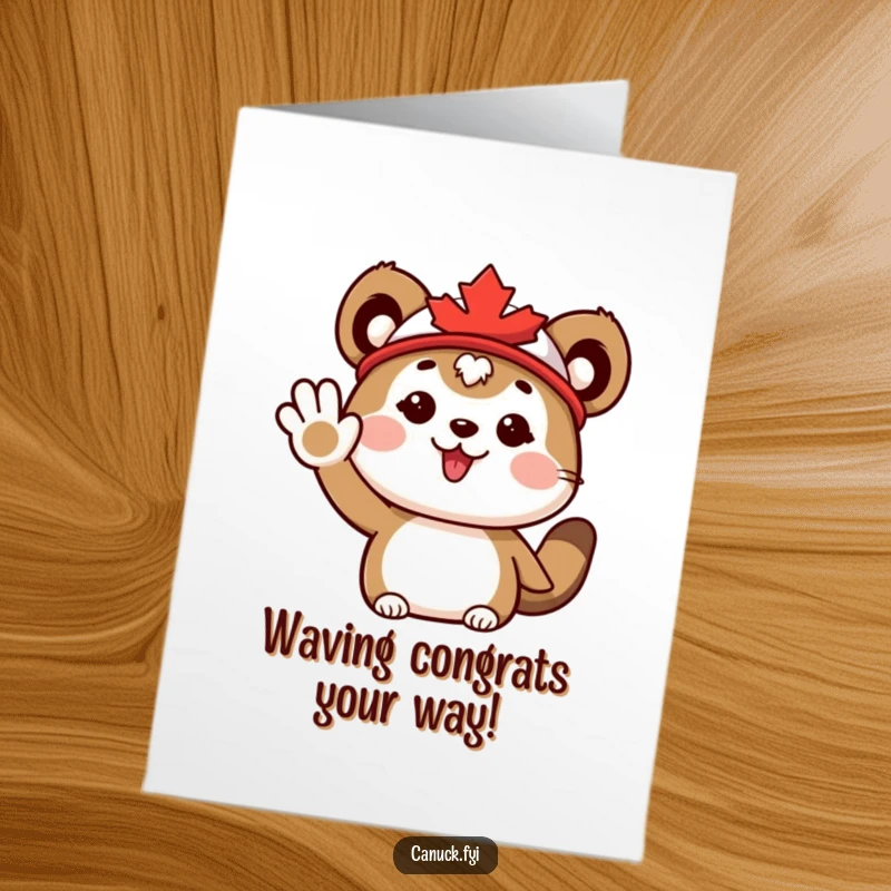 Funny Free Printable Congratulations Card: Cute animal wearing a maple leaf hat waves enthusiastically, celebrating success with Canadian charm. Downloadable.