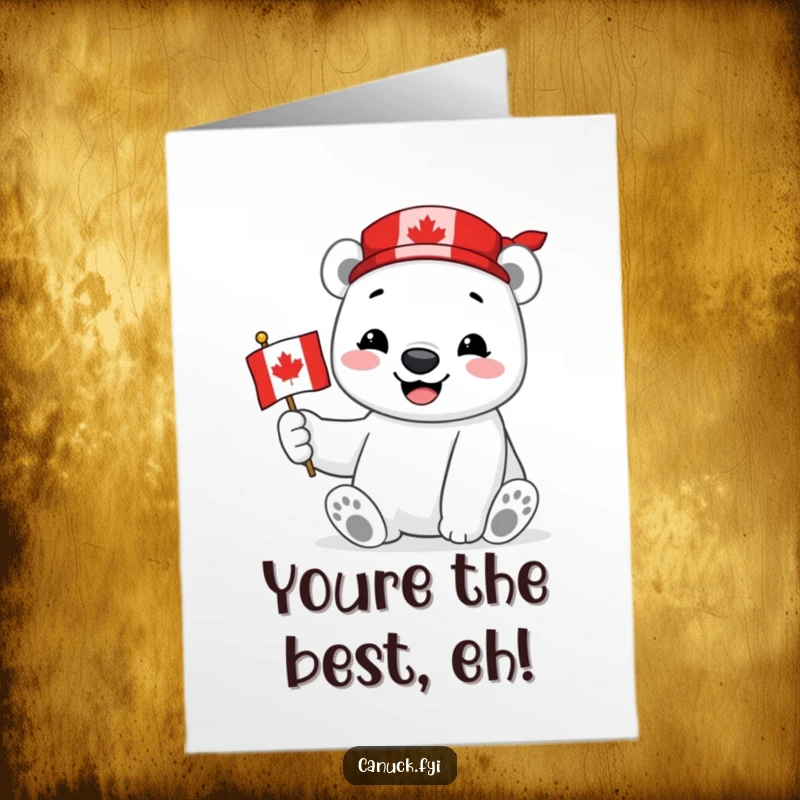 Funny Free Printable Congratulations Card of a polar bear proudly holding a small Canadian flag and smiling, celebrating achievement.