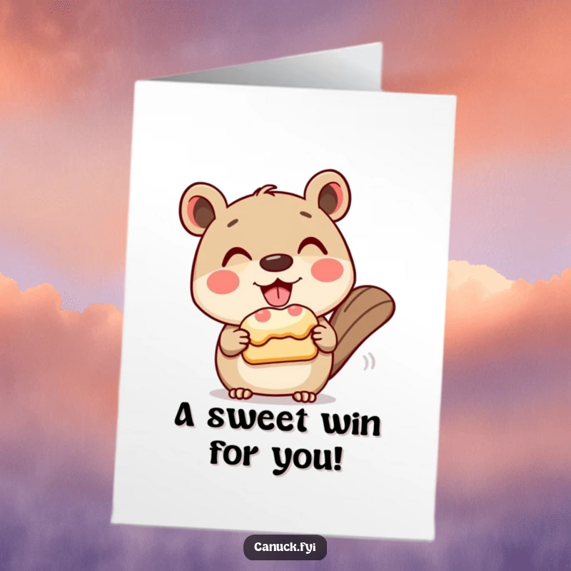 Funny Free Printable Congratulations Card: A cute animal offers a politely presented beaver tail pastry for celebration.