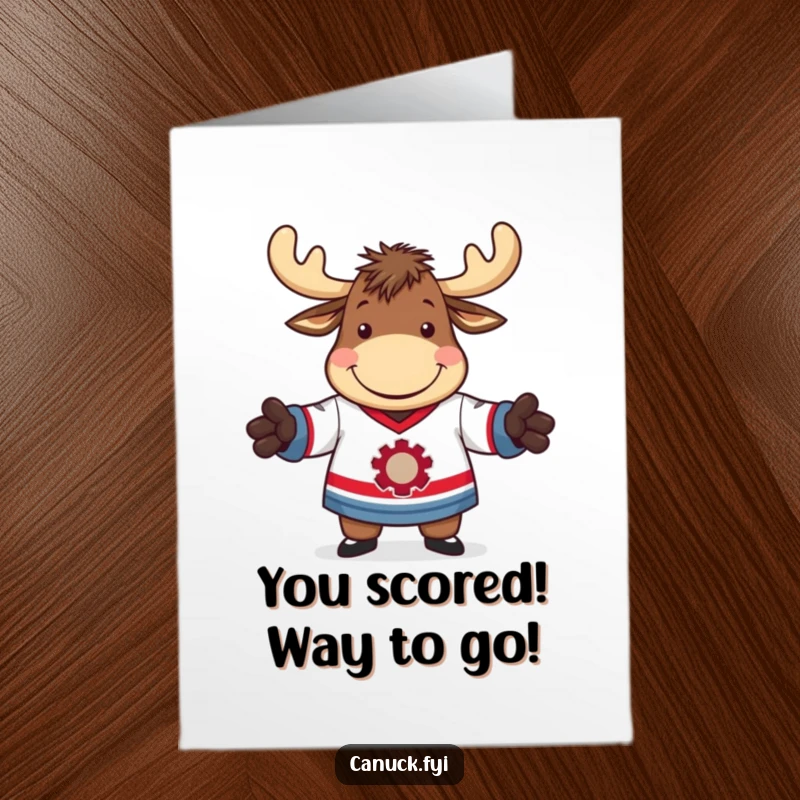 Funny Free Printable Congratulations Card: A moose comically trying to put on a hockey jersey with a huge grin.
