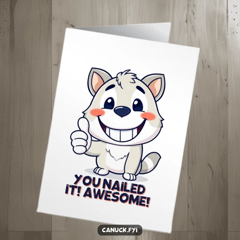 Funny Free Printable congratulations card with a happy mascot grinning widely and giving a thumbs up to celebrate.