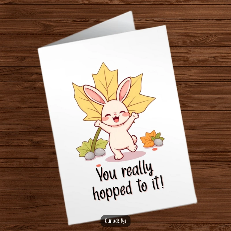 Funny free printable congratulations card featuring a bouncy rabbit joyfully dancing beside a big maple leaf, exuding excitement.