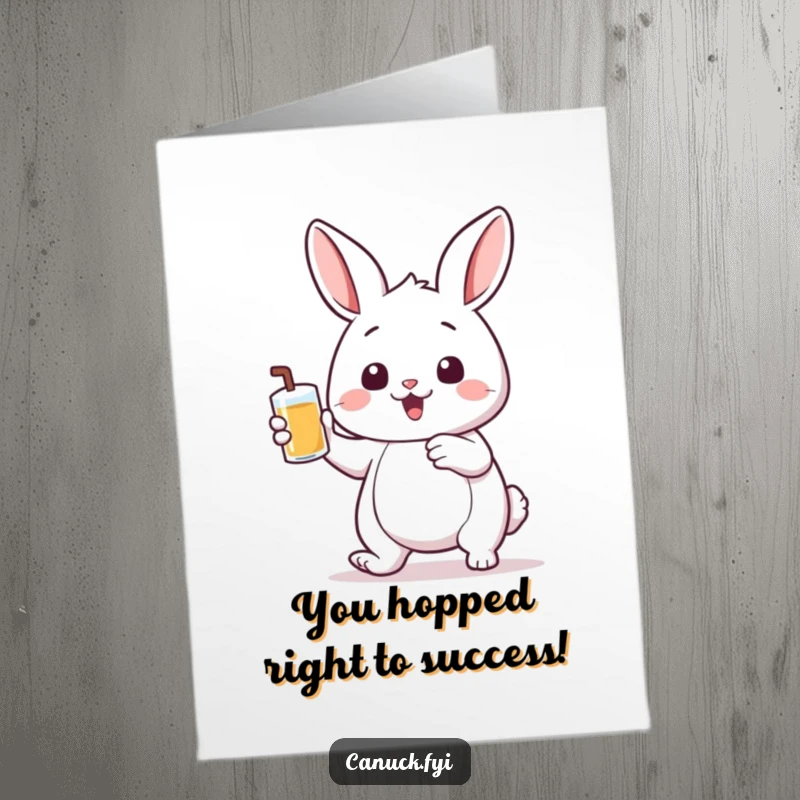 Funny Free Printable Congratulations Card: Bouncing rabbit with big ears holding a pint cup, celebrating a great achievement.