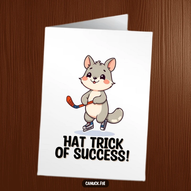 Funny Free Printable Congrats Card: A playful animal dances joyfully with a miniature hockey stick, celebrating a significant victory.