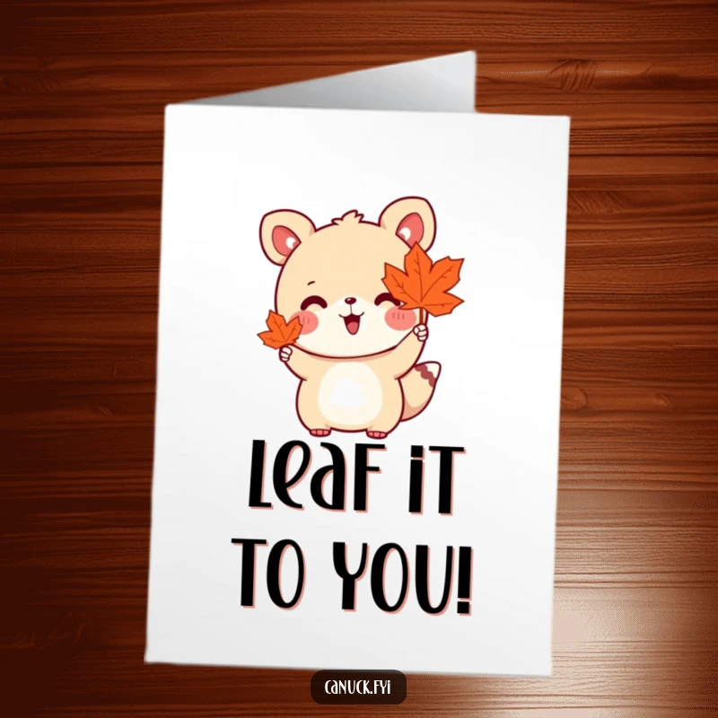 Funny Free Printable Congratulations card: Cute animal enthusiastically waving a maple leaf, celebrating success.
