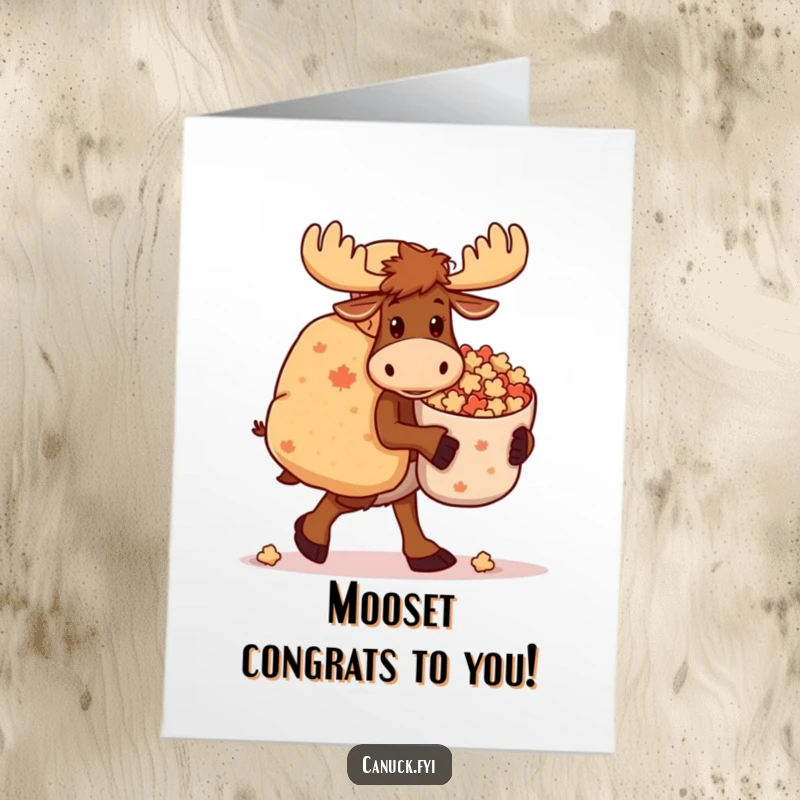 Funny Free Printable Congratulations Card: A moose joyfully carries a large bag of maple candies to celebrate.