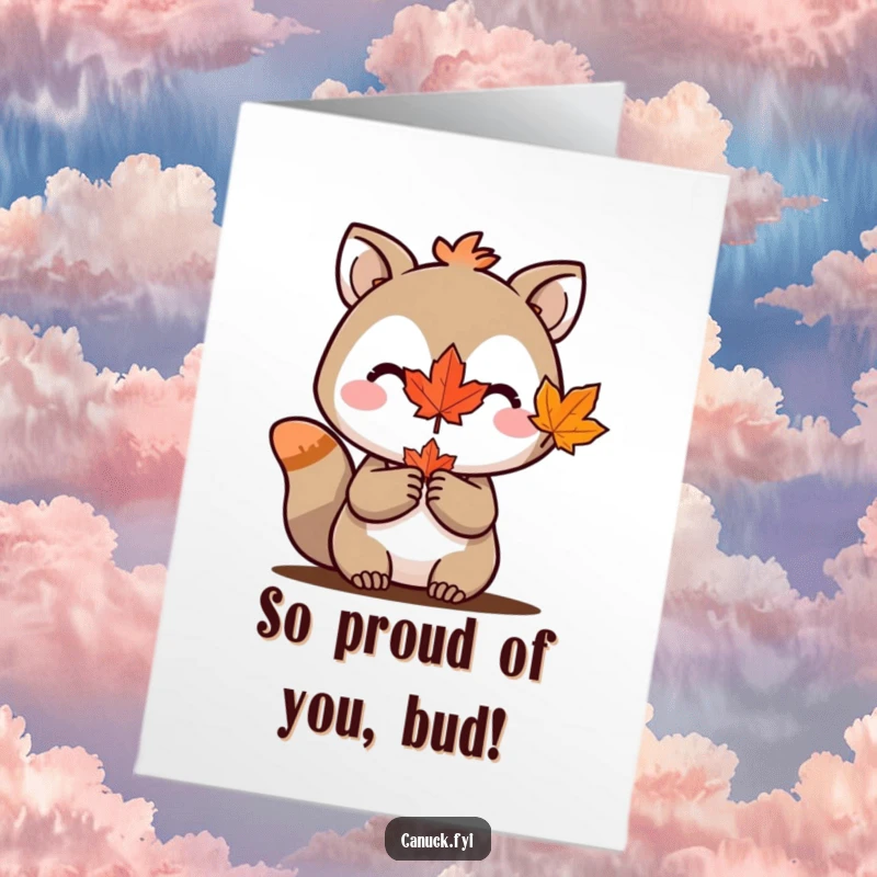 Funny Free Printable Congrats Card: Animal proudly holding a miniature maple leaf, signifying achievement and growth. Downloadable DIY gift.