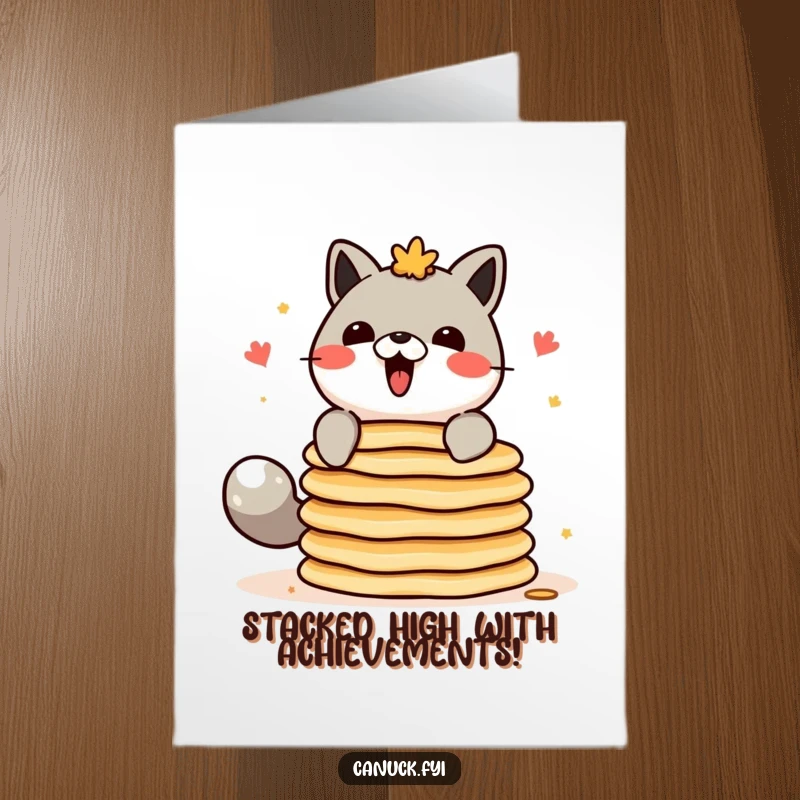 Free printable congratulations card: A Canadian animal character attempting to keep a precarious stack of pancakes from tumbling down.