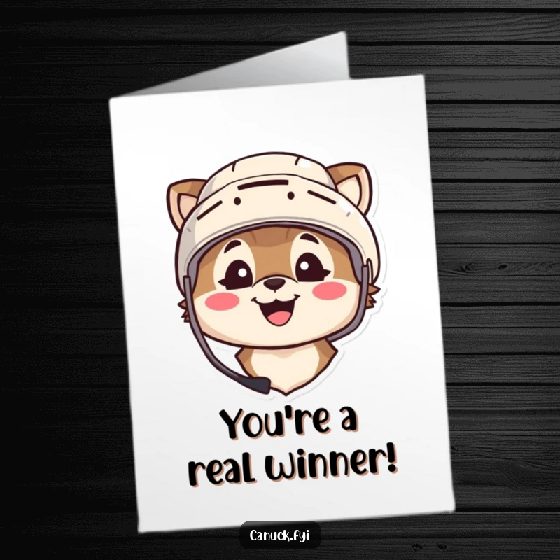 Funny Free Printable Congrats Card: Animal in hockey helmet smiling broadly, celebrating a win with pure joy. Downloadable DIY gift.