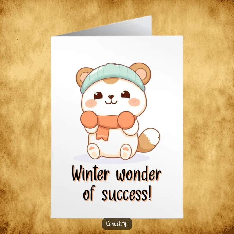 Free Printable Congratulations Card: A charming animal in mittens happily catching snowflakes, celebrating your success with winter wonder.