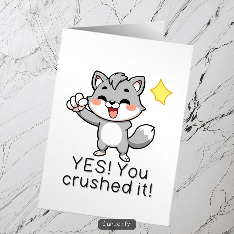 Funny Free Printable Card: Energetic animal enthusiastically pumps fist, celebrating a significant achievement with vibrant, winning energy.