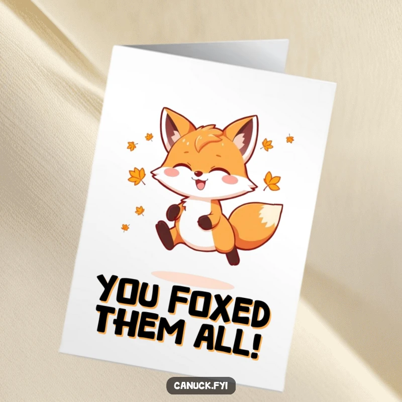 Funny Free Printable Congratulations Card of a playful fox with maple leaves leaping joyfully to celebrate a fantastic achievement.