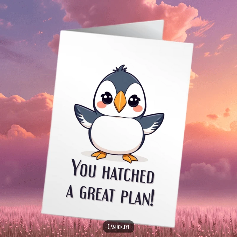 Funny Free Printable Congratulations Card: A proud puffin in a tiny toque winking mischievously.