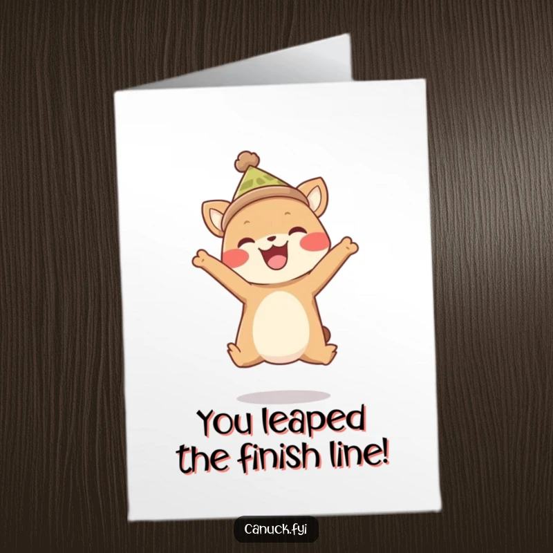 Funny Free Printable Congrats Card: Cheerful animal in toque performs a happy leap, celebrating success with pure delight.