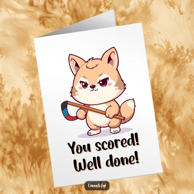 Funny Free Printable congratulations card showing a determined animal with a hockey stick, celebrating a victory in style.