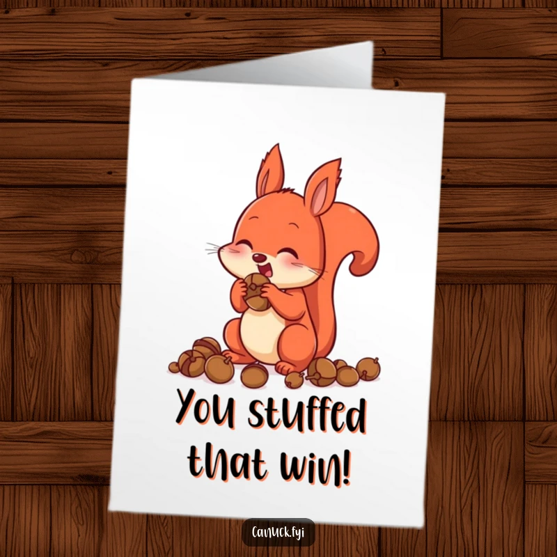 Funny Free Printable Congratulations Card: An excited squirrel stuffs its cheeks with acorns, symbolizing the gathering of great achievements.