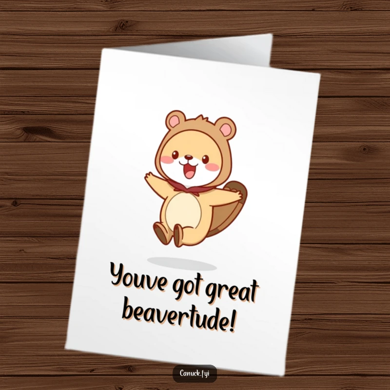 Funny Free Printable Congratulations Card: An excited animal sporting a beaver tail costume hops with glee, celebrating your fantastic success.
