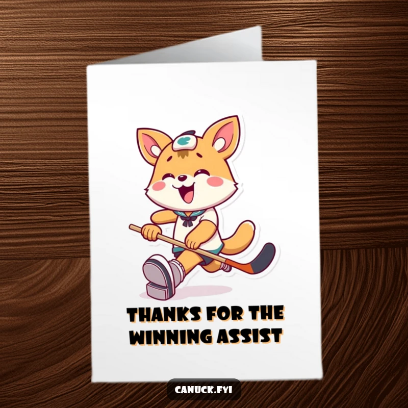 Funny Free Printable Thank You Card: Playful animal kicks a puck in celebration, a great downloadable gift.