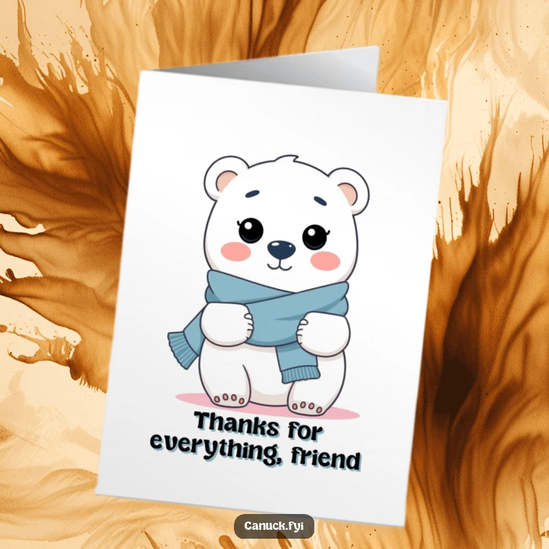Funny Free Printable Thank You Card: A polar bear with a scarf extending arms for a welcoming hug.