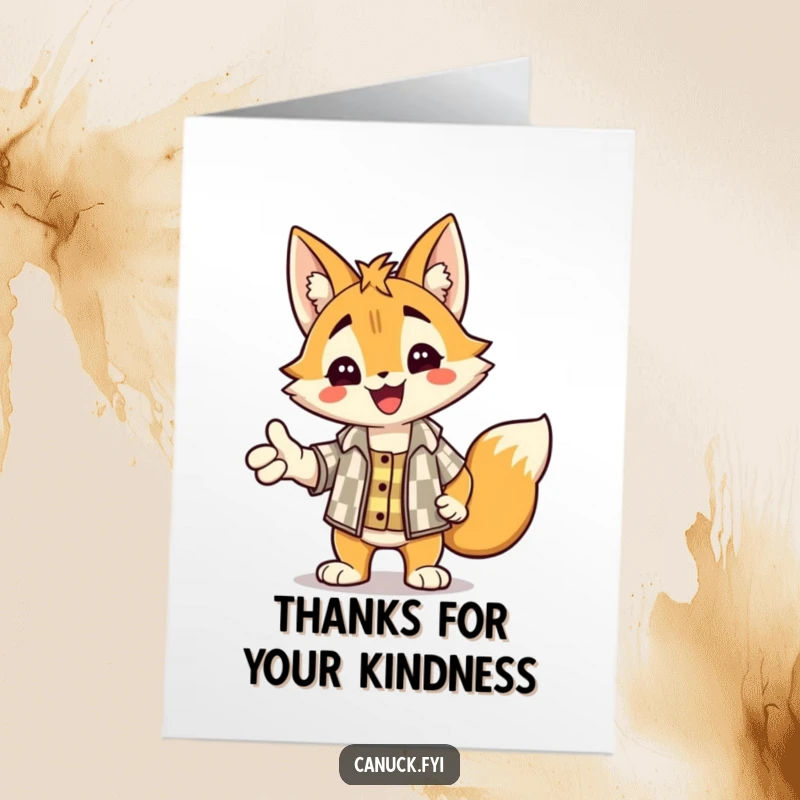 Funny Free Printable Thank You Card: A delighted lynx in a checkered shirt happily offering a handshake.