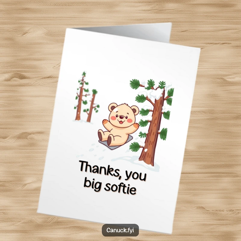 Funny free printable thank you card of a smiling bear cub sliding gleefully down a stylized, snow-laden pine tree, full of thanks.